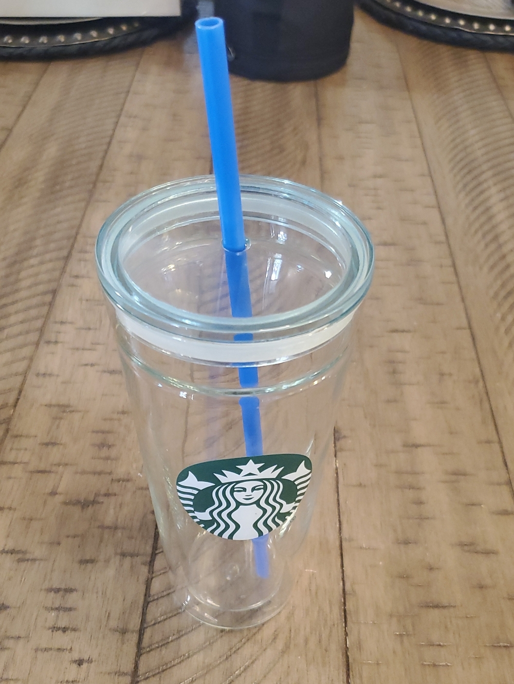 Starbucks Clear Tumbler with Green Logo and Blue Straw